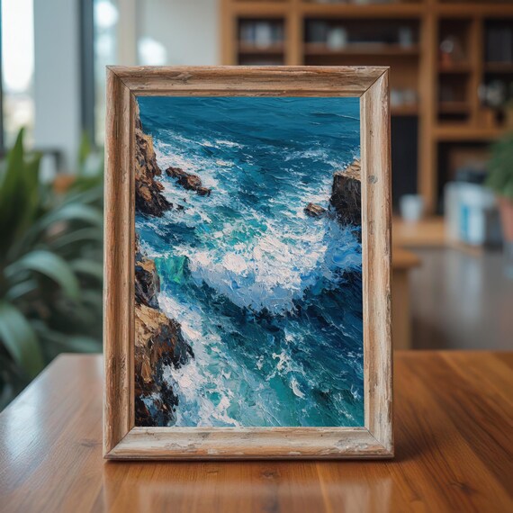 Crashing Waves On Rugged Cliffs Textured Ocean Painting Poster