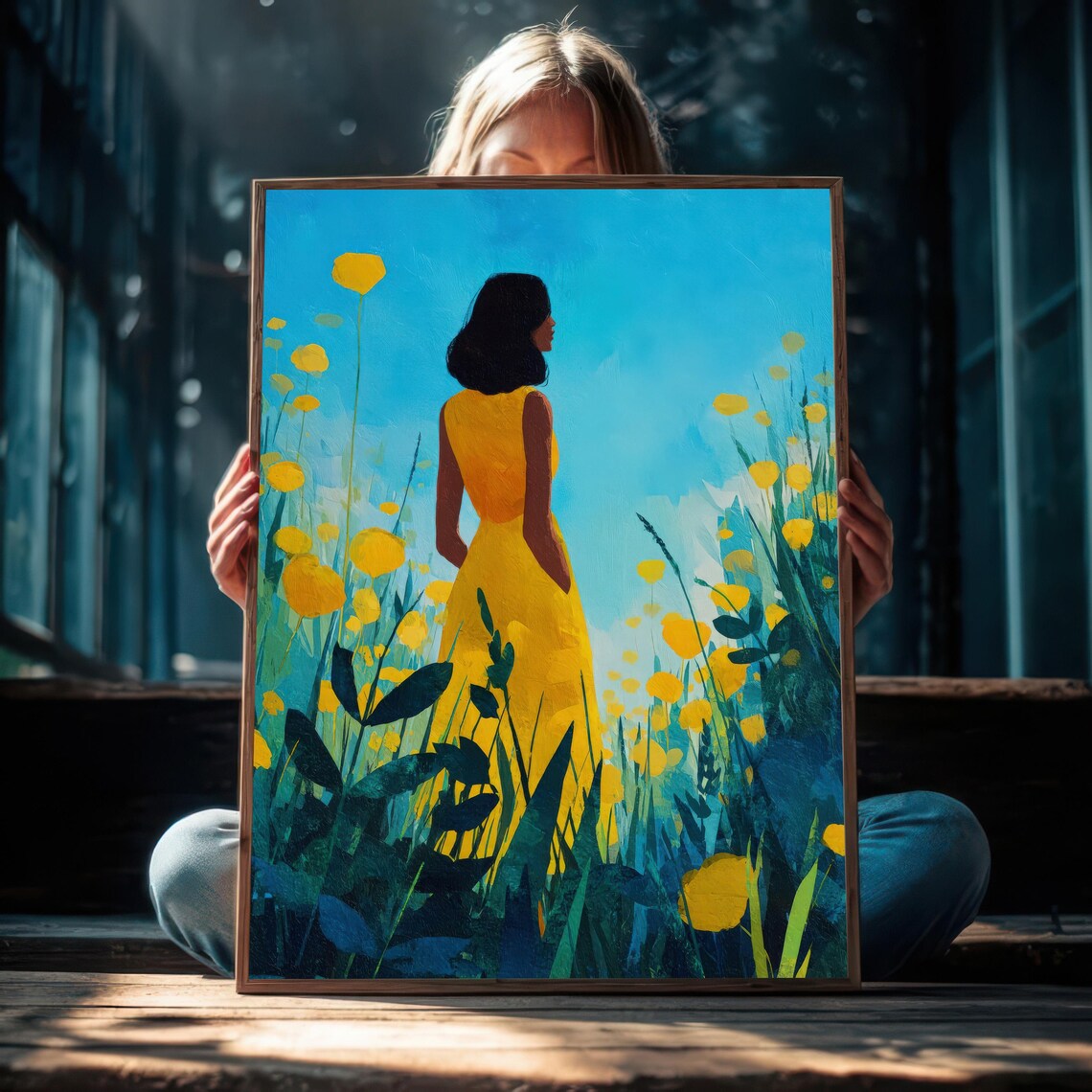 Woman in Yellow Dress Wildflower Field Blue Sky Nature Art Poster