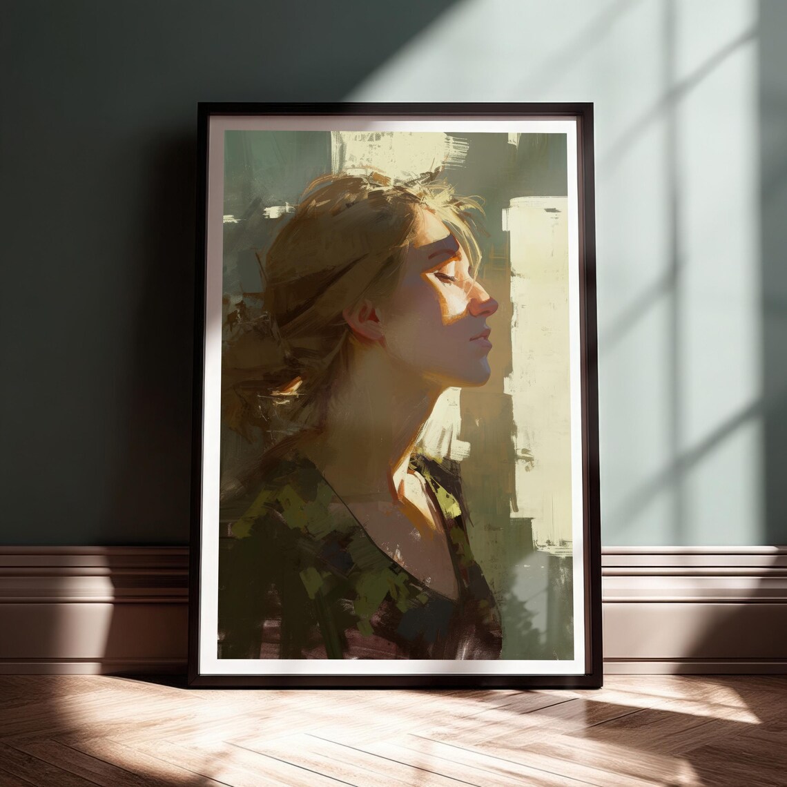 Woman Basking In Warm Light Portrait Art Print Peaceful Painterly Wall Decor Artistic Figure Modern