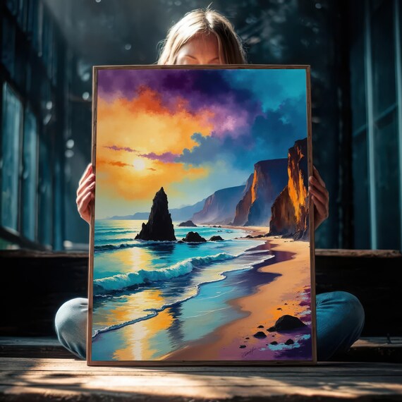 Golden Sunset Sea Stack Cliffs Beach Seascape Oil Painting Poster