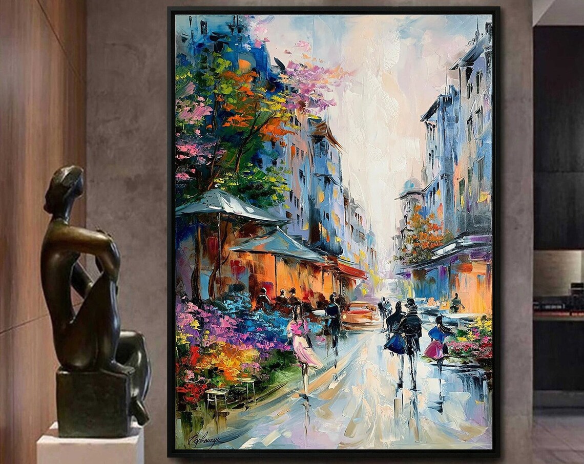 Large Paris Oil Painting Original Paris Street Scene Painting Romantic Paris Cafe Art Paris Flower Market Artwork Romantic Couple Wall Art