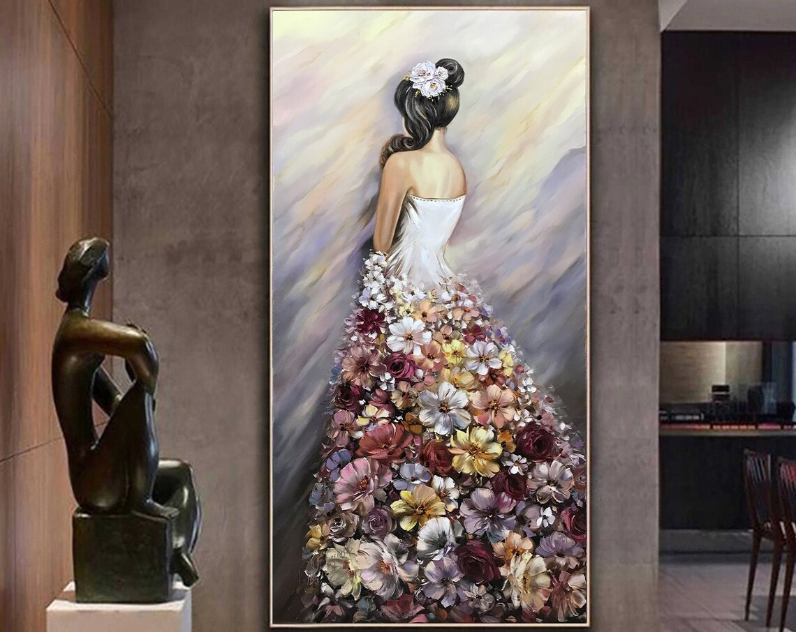 Elegant Woman White Floral Gown Flower Skirt From Behind Art Poster