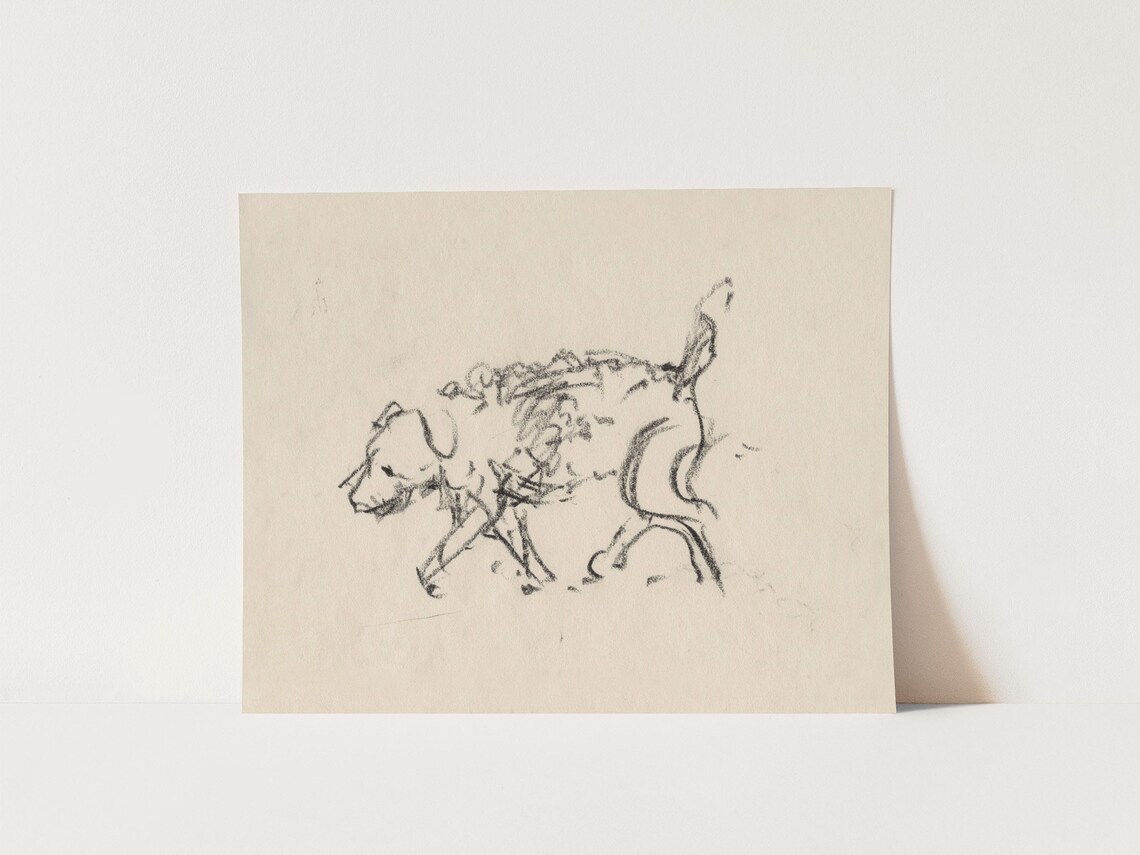 Running Dog Charcoal Sketch Playful Puppy Vintage Animal Art Poster - Image 4