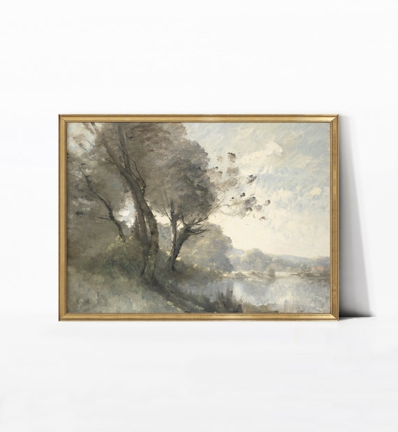 Vintage Living Room Landscape Painting Farmhouse Art Print Rustic Wall Decor Instant