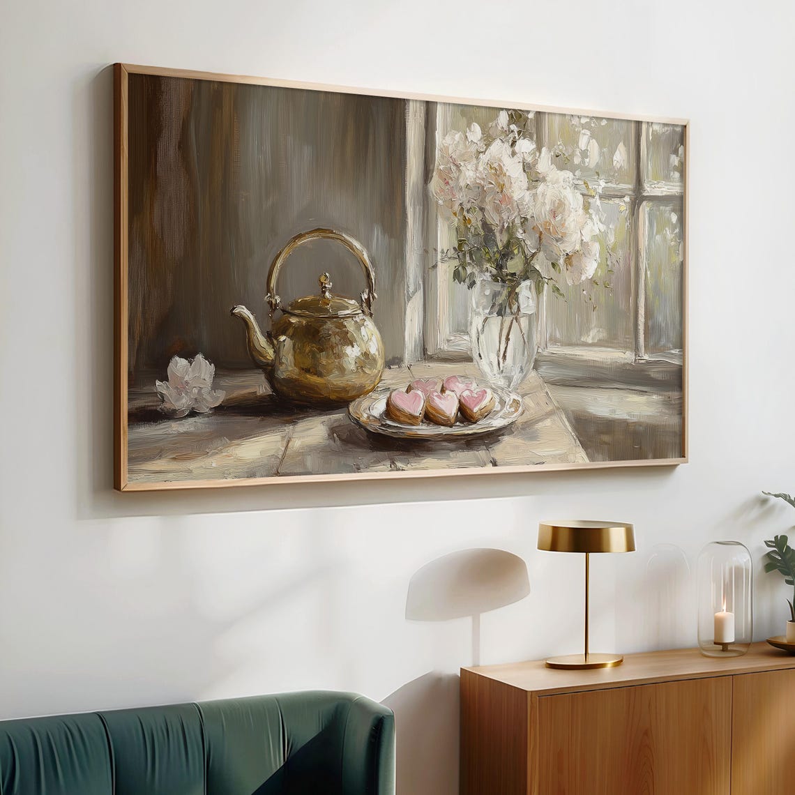 Cozy Tea Still Life Brass Kettle Heart Cookies Peonies Window Poster - Image 3