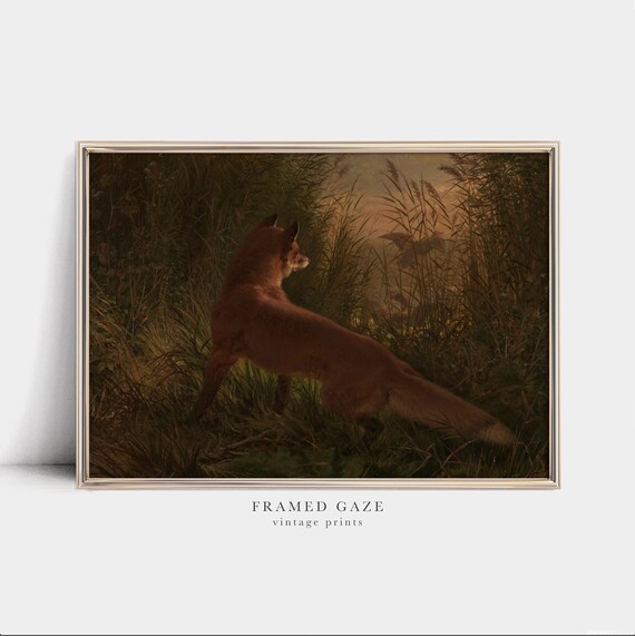 Vintage Red Fox Reeds Dusk Realistic Wildlife Oil Painting Nature Art Poster