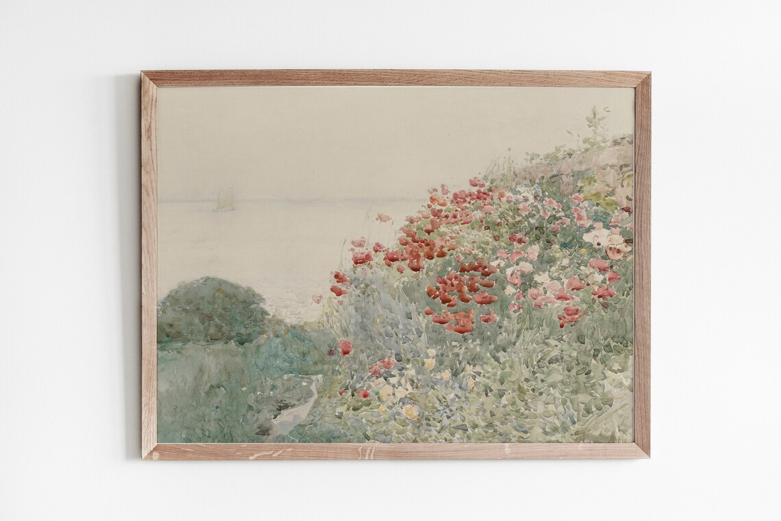 Pale Watercolor Poppy Flowers Coastal Cliff Overlooking Sea Poster - Image 4