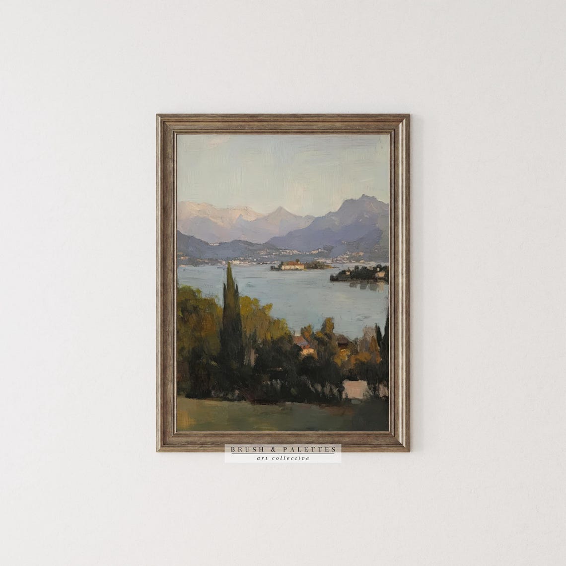 Italian Lake Framed By Cypress Trees Mountain View Landscape Print - Image 2