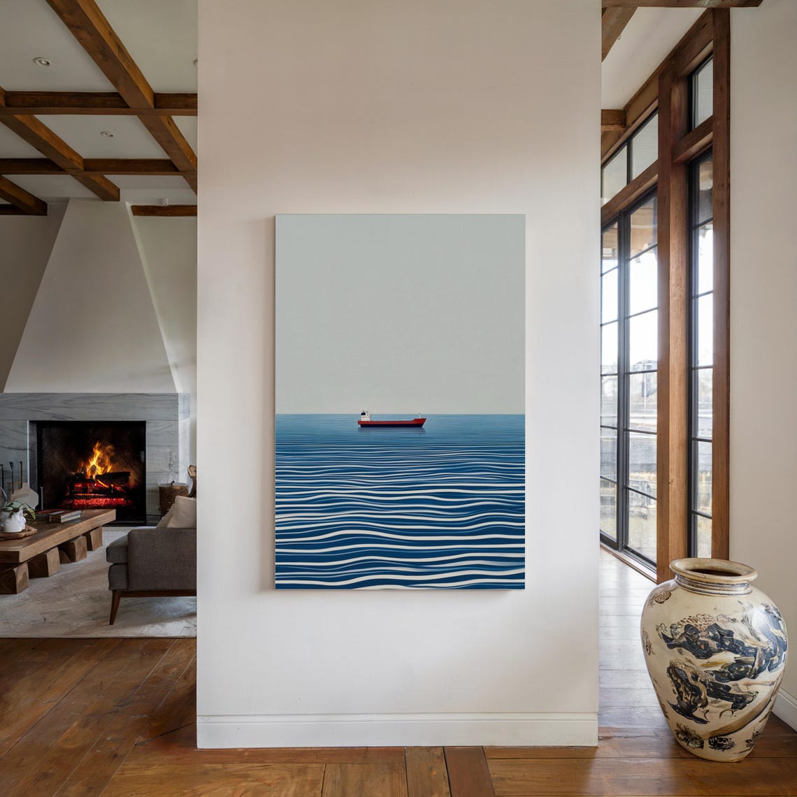 Red Cargo Ship Minimal Ocean Waves Blue Sea Minimalist Poster - Image 2