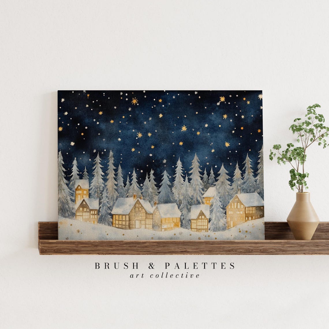 Snowy Christmas Village Night Watercolor Starry Sky Cozy Wall Art - Image 2