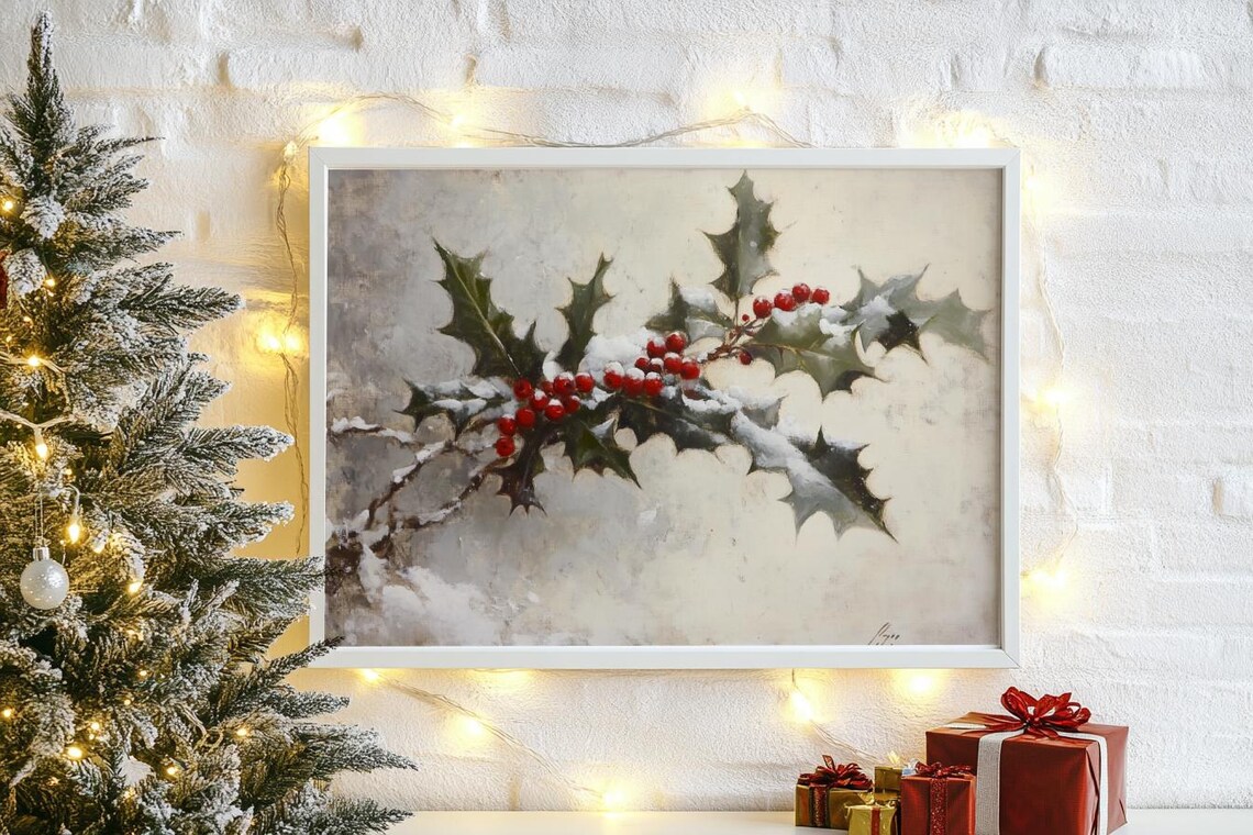 Snowy Holly Branch With Red Berries Vintage Winter Botanical Poster - Image 2
