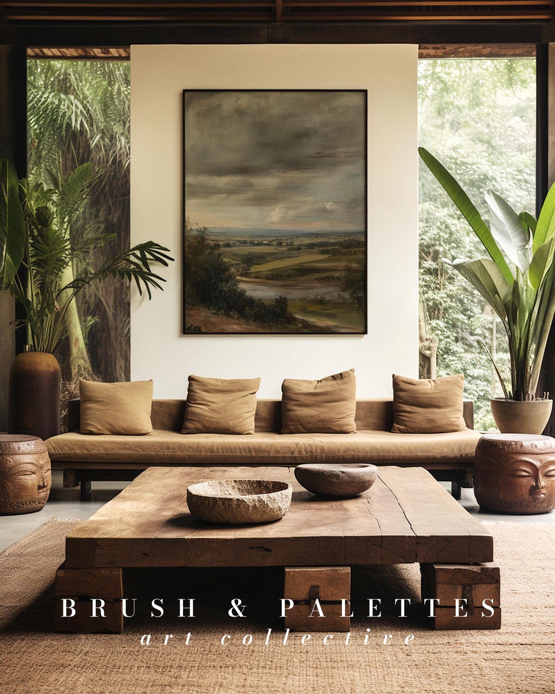 Stormy Sky Countryside Earthy Tones Rustic Landscape Painting Poster - Image 2