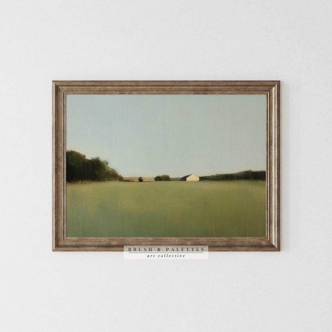 Minimal Green Field Distant Barn Textured Neutral Landscape Art Poster - Image 3