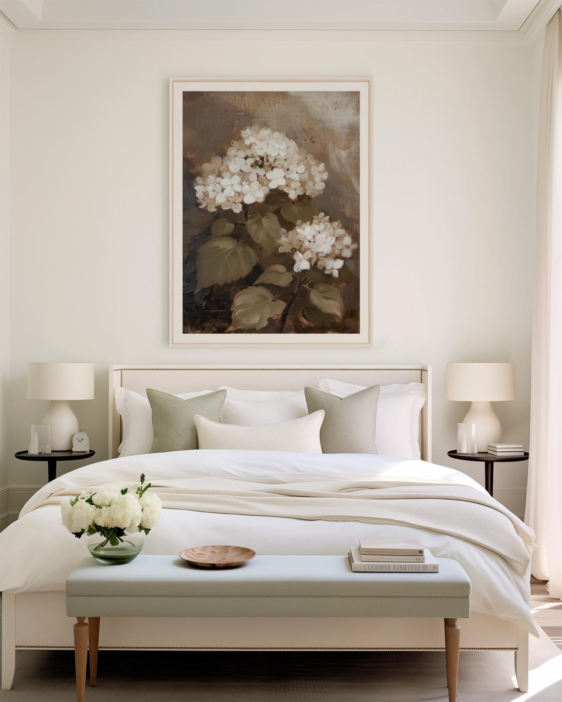 White Hydrangea Blossoms Vintage Botanical Oil Painting Poster - Image 3