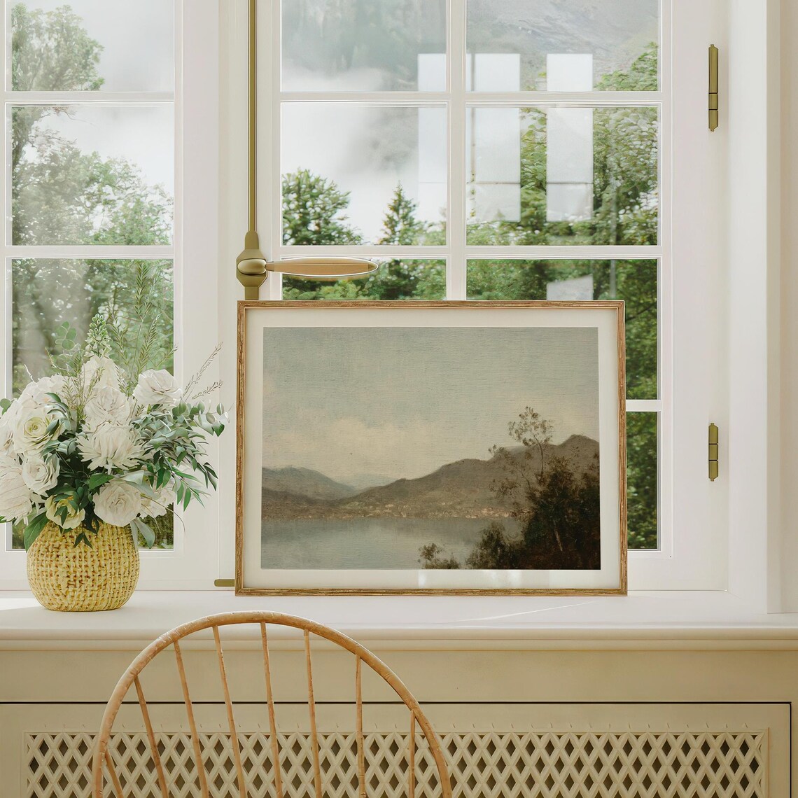 Serene Misty Lake Mountains Vintage Landscape Painting Poster - Image 2