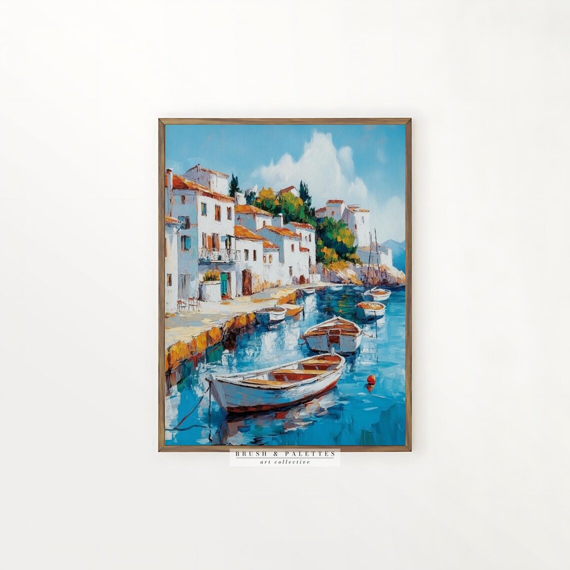 Mediterranean Coastal Harbor Town Old Whitewashed Houses Boats Poster - Image 2