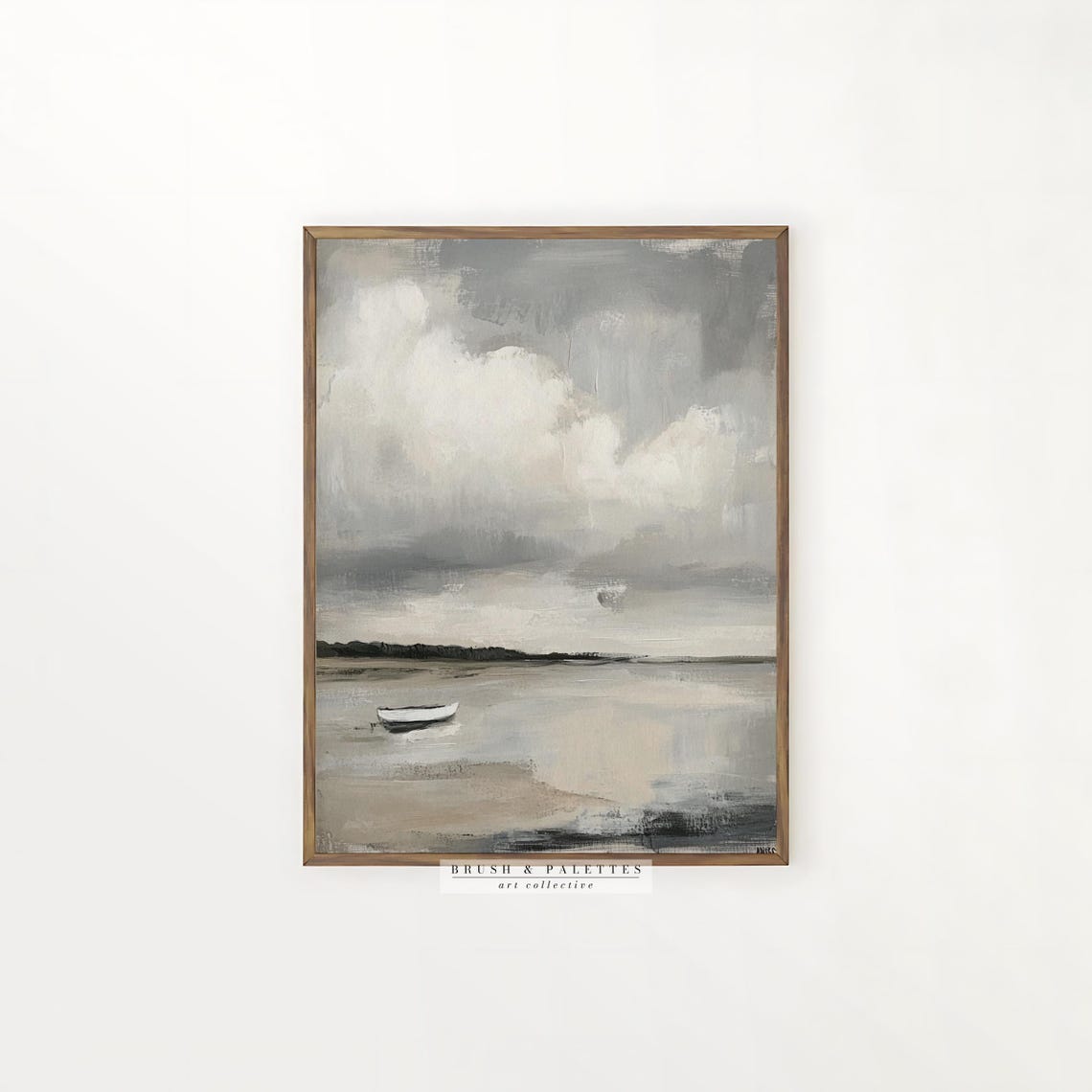 Minimalist Gray Beach Lone White Boat Moody Shore Painting Poster - Image 2