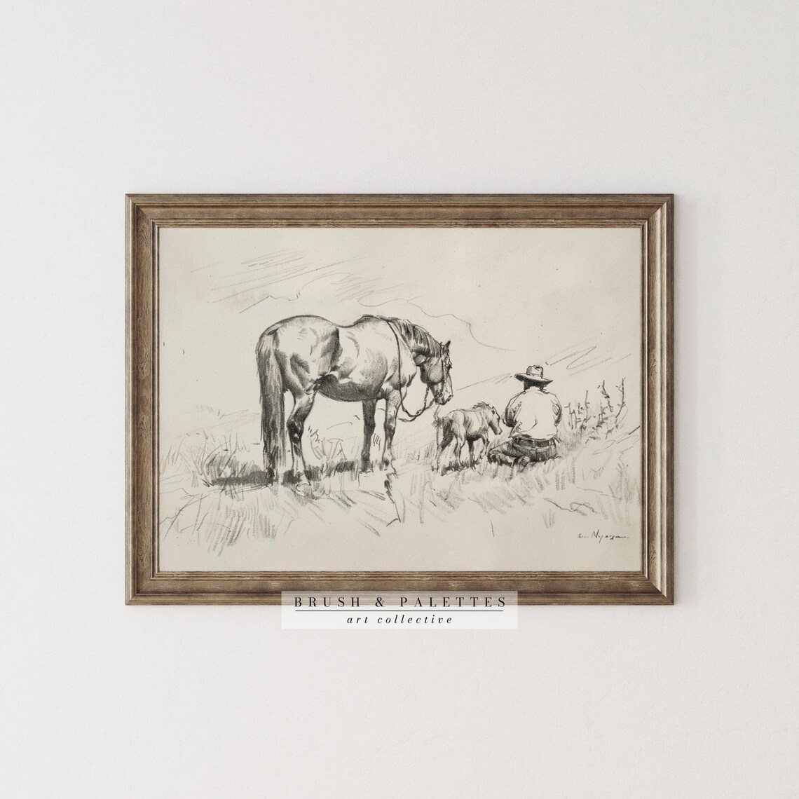 Western Cowboy Horse and Dog Pencil Sketch Rustic Farmhouse Wall Art - Image 3