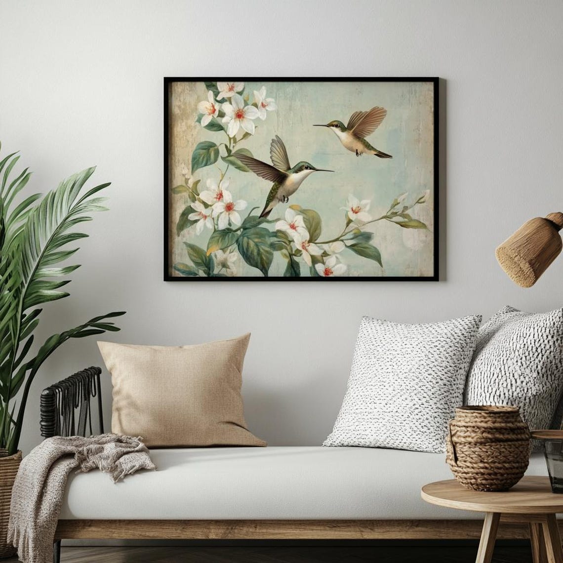 Hummingbirds and White Blossoms Vintage Botanical Art Print - Image 2