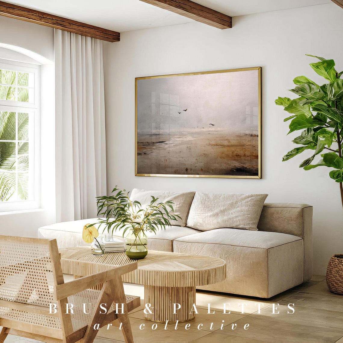 Muted Foggy Beach Painting Birds Flying Coastal Minimalist Poster - Image 3