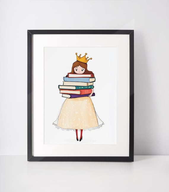 Little Princess With Golden Crown Holding Books Kids Room Poster