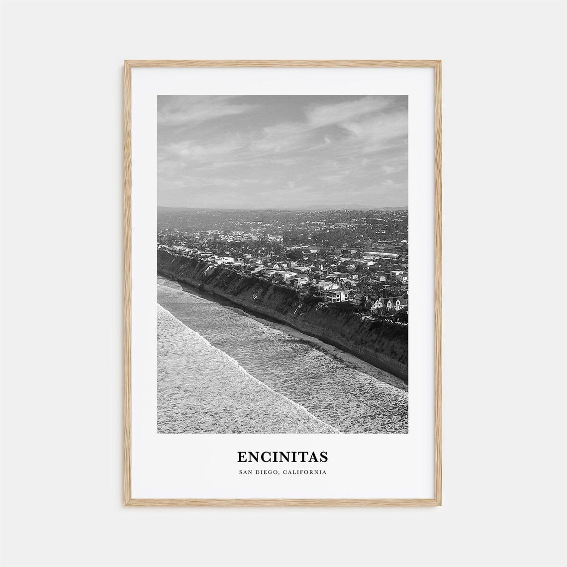 Encinitas California Aerial Surf Coast Cliffs Black White Poster