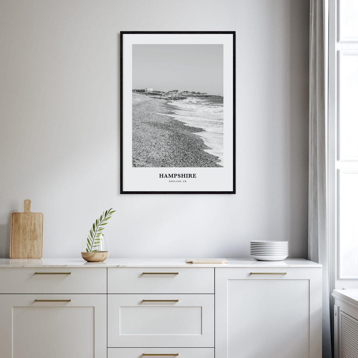 Hampshire England Shingle Beach Crashing Waves Black White Poster - Image 2