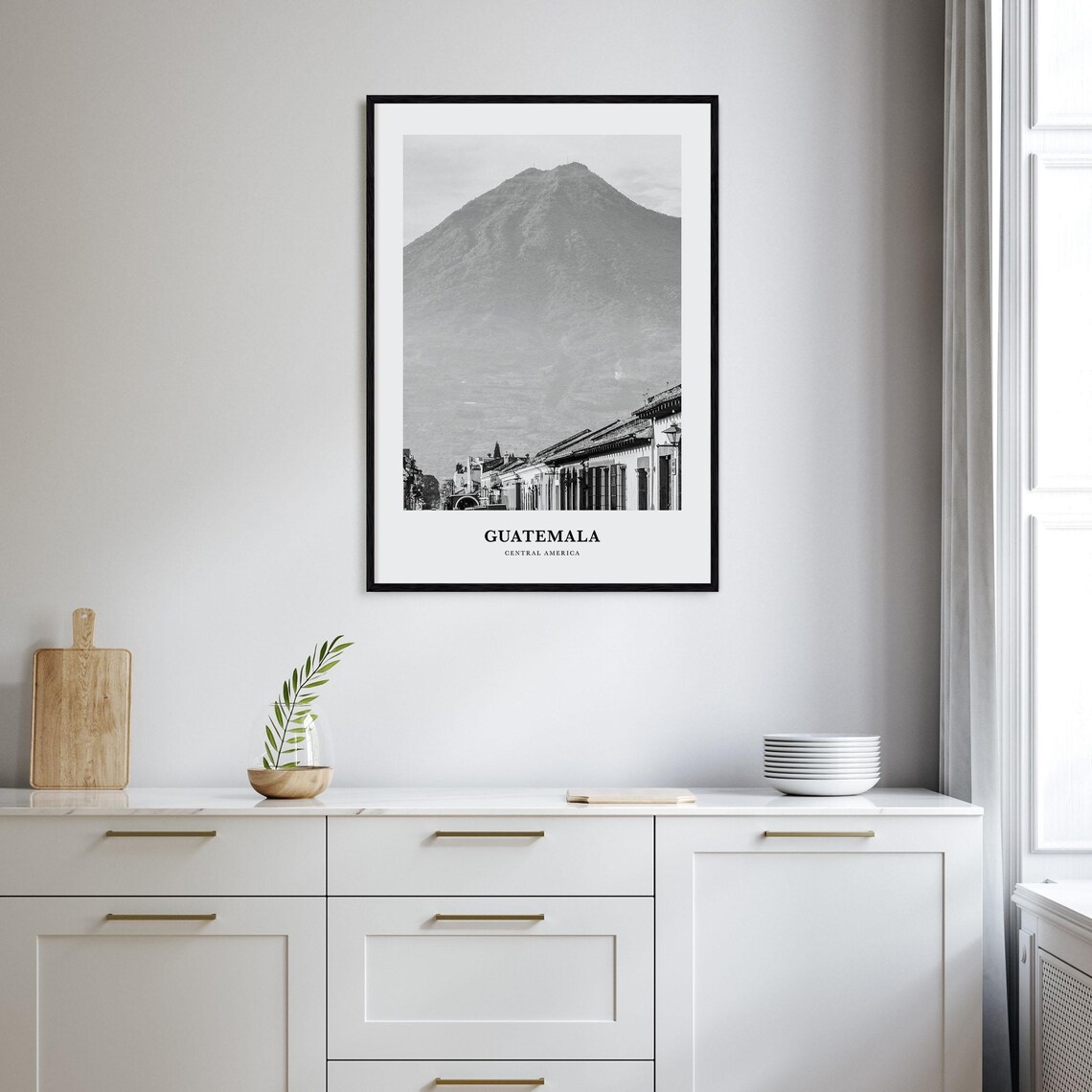Guatemala Volcano Colonial Street Black and White Photo Poster - Image 2