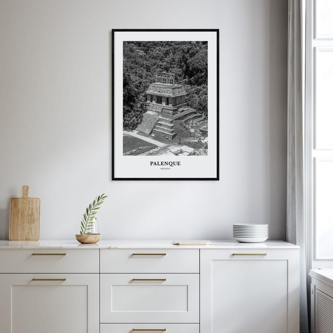 Palenque Mexico Ancient Maya Pyramid Jungle Black and White Poster - Image 2