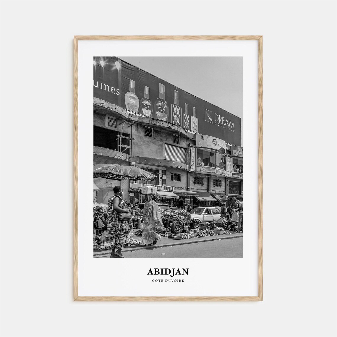 Abidjan Ivory Coast Street Market Scene Urban Black White Poster