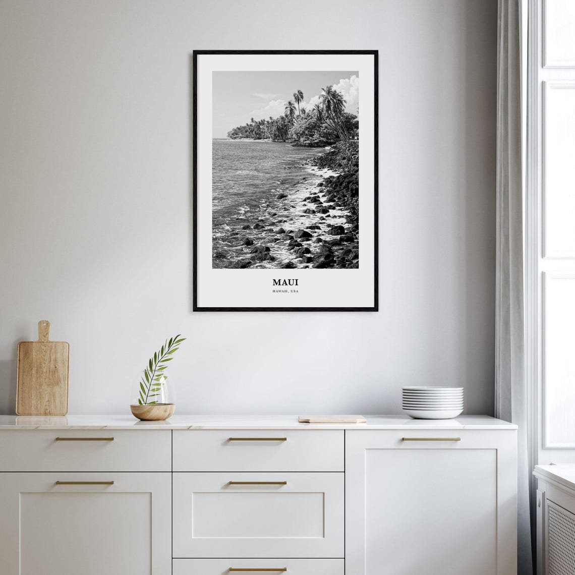 Maui Hawaii Rocky Shoreline Palm Trees Black White Photo Poster - Image 2