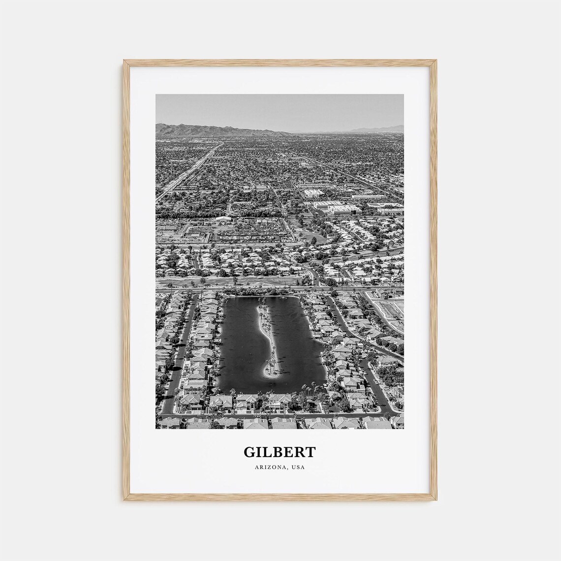 Gilbert Arizona Aerial Suburban Lake Neighborhood Black White Poster