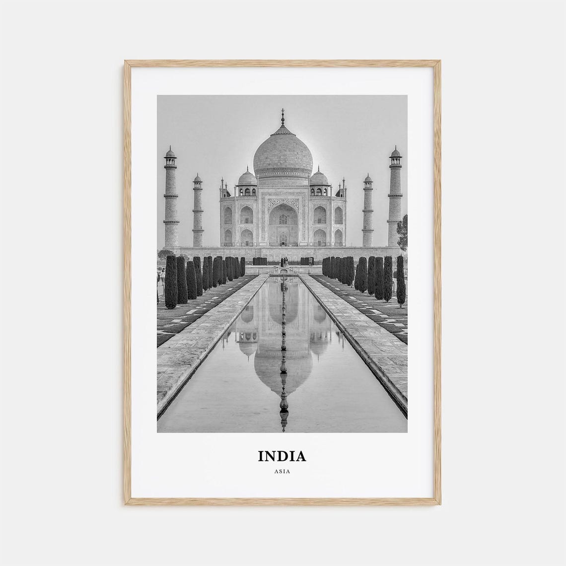Taj Mahal Reflection India Black and White Travel Photo Poster