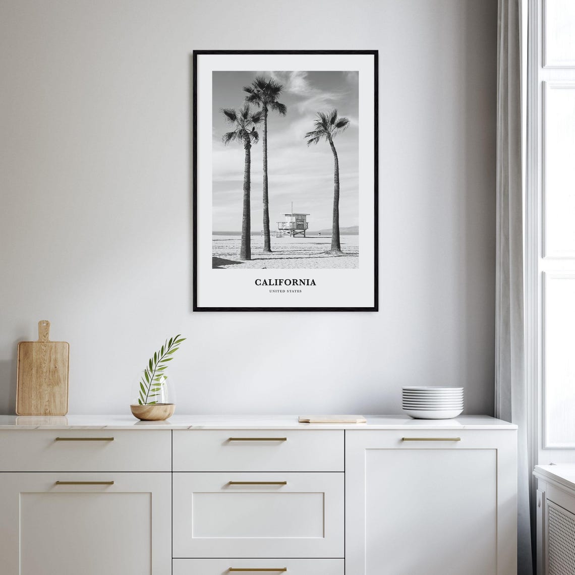 California Beach Palm Trees Lifeguard Tower Monochrome Poster - Image 2
