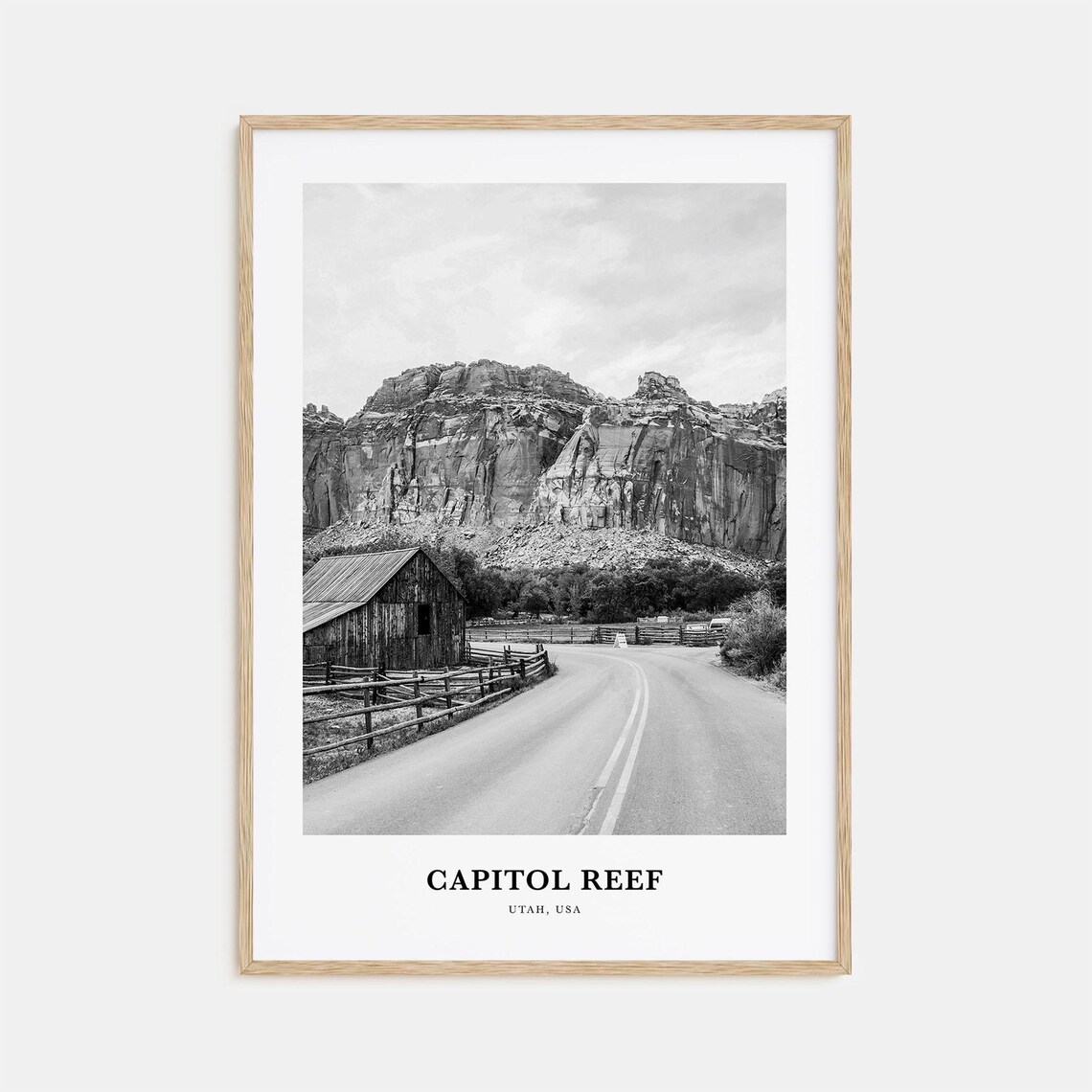 Capitol Reef Utah Red Rock Canyon Road Black White Travel Poster