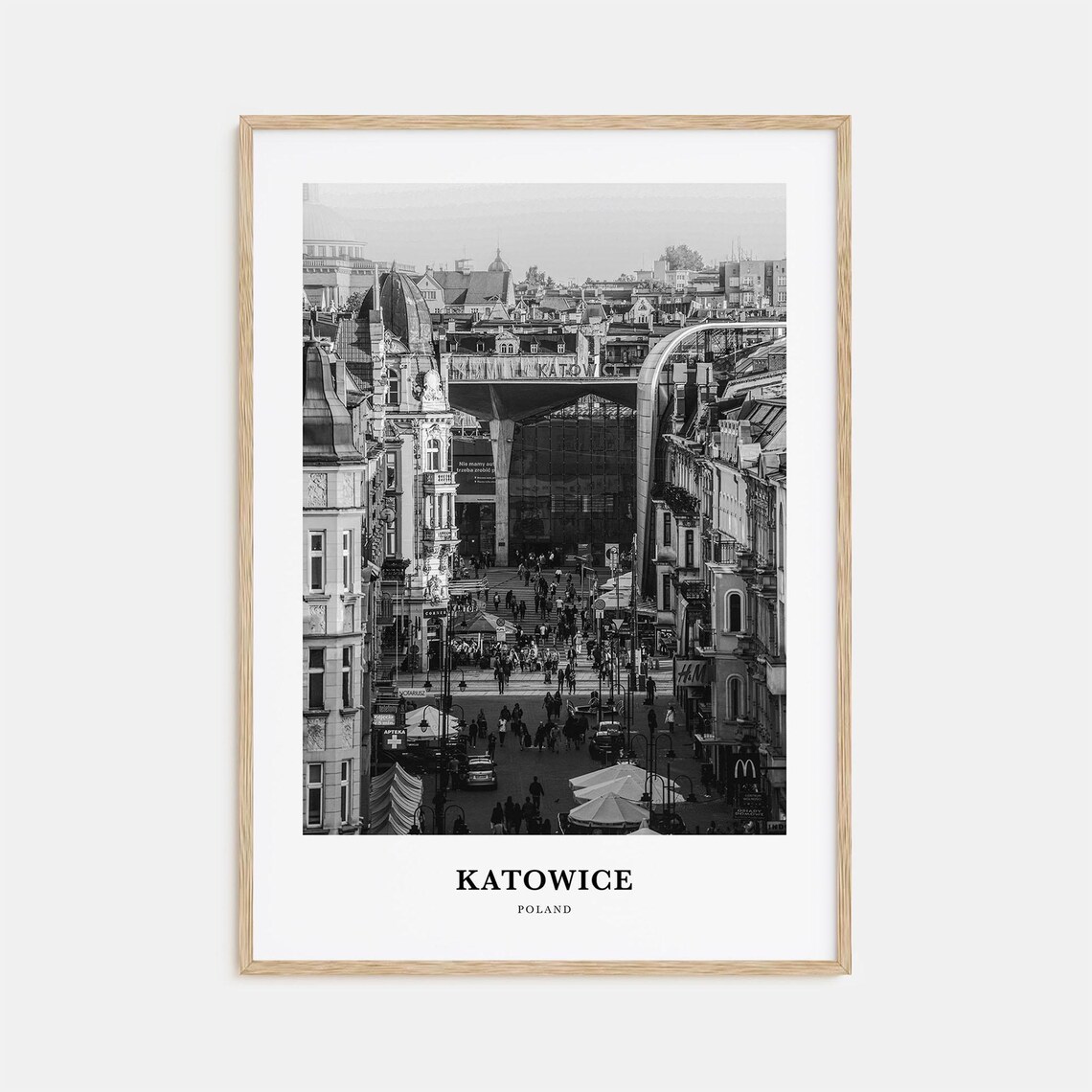 Katowice Poland Black and White Busy City Street Scene Poster