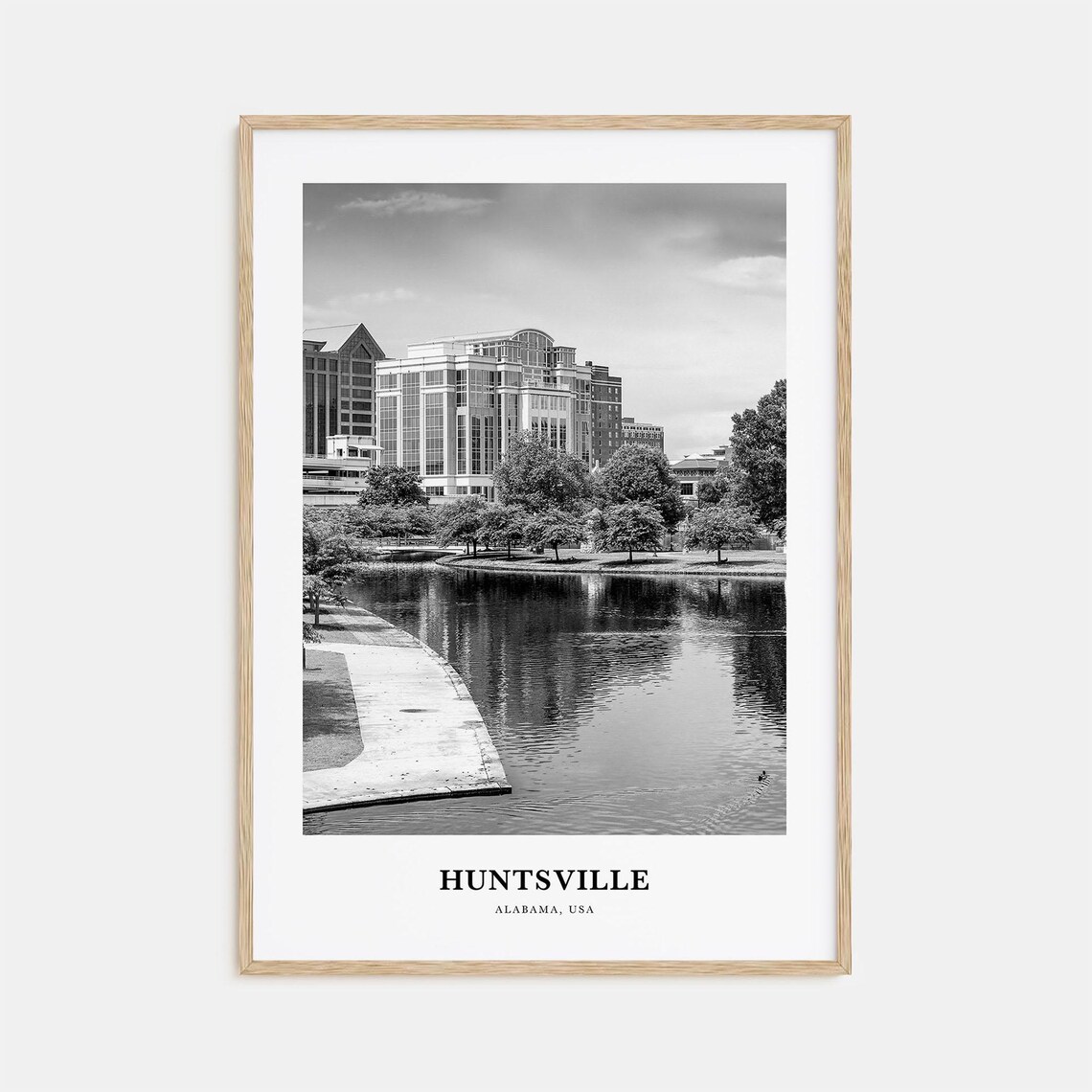 Huntsville Alabama Park Pond Lake Black and White City Poster
