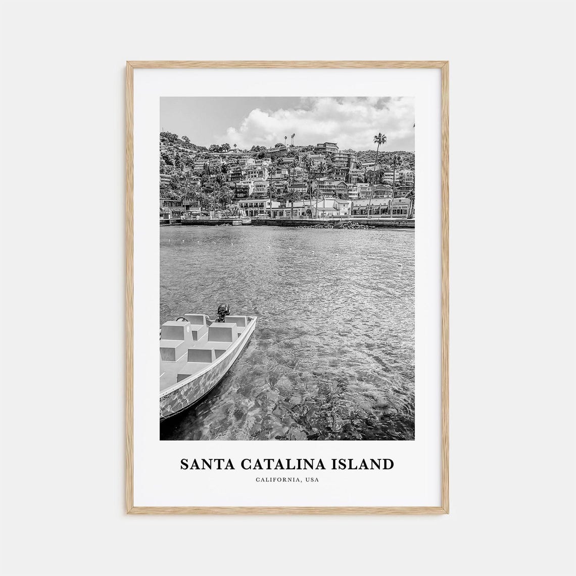 Santa Catalina Island California Harbor Boat Black White Poster