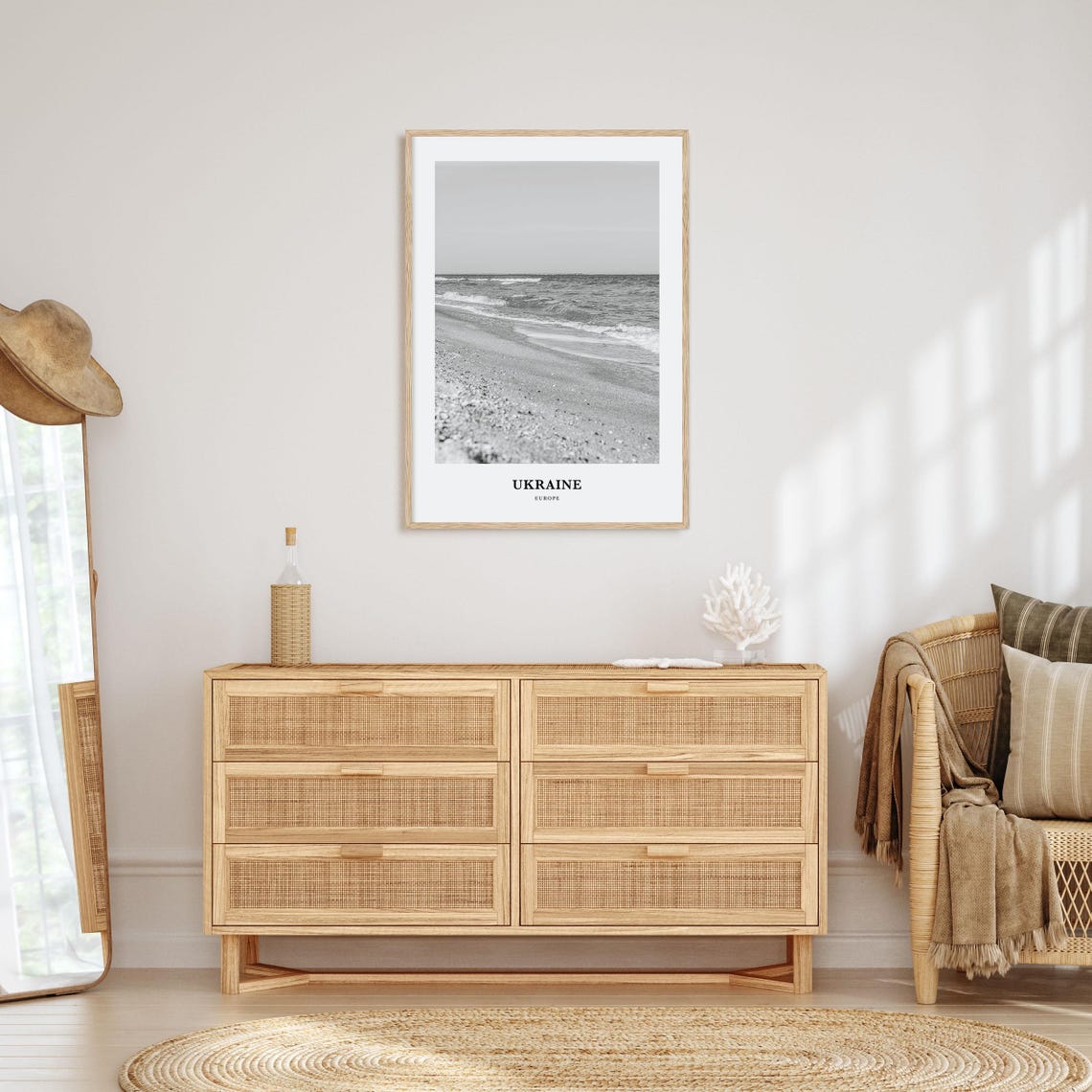 Ukraine Europe Peaceful Black and White Beach Shoreline Poster - Image 3