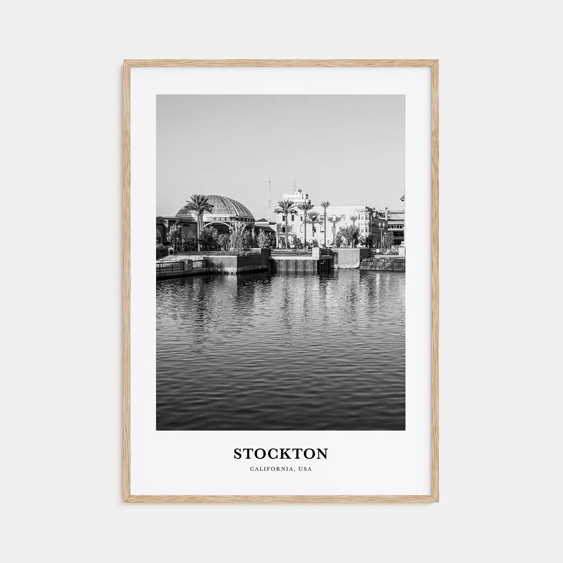 Stockton California Waterfront Black and White Travel Poster