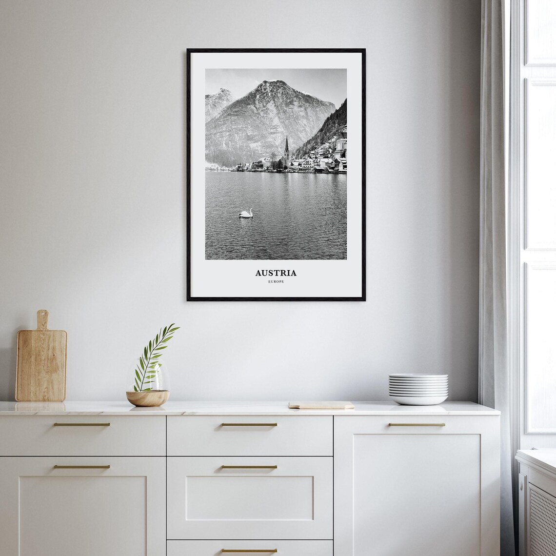 Austria Hallstatt Alpine Lake Village Black and White Poster - Image 2