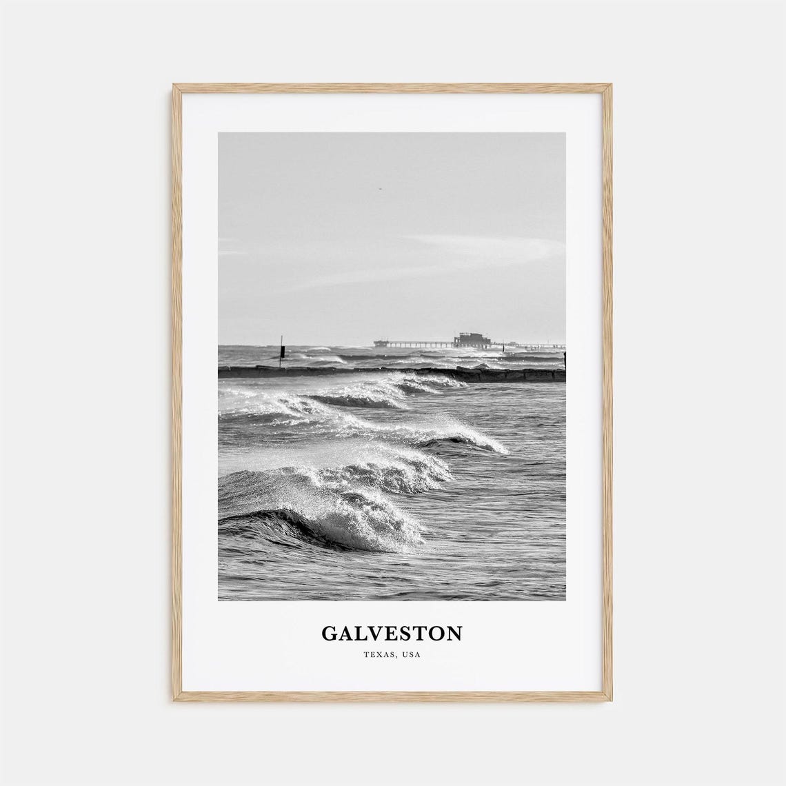 Galveston Rolling Surf Waves with Pier Black and White Travel Poster