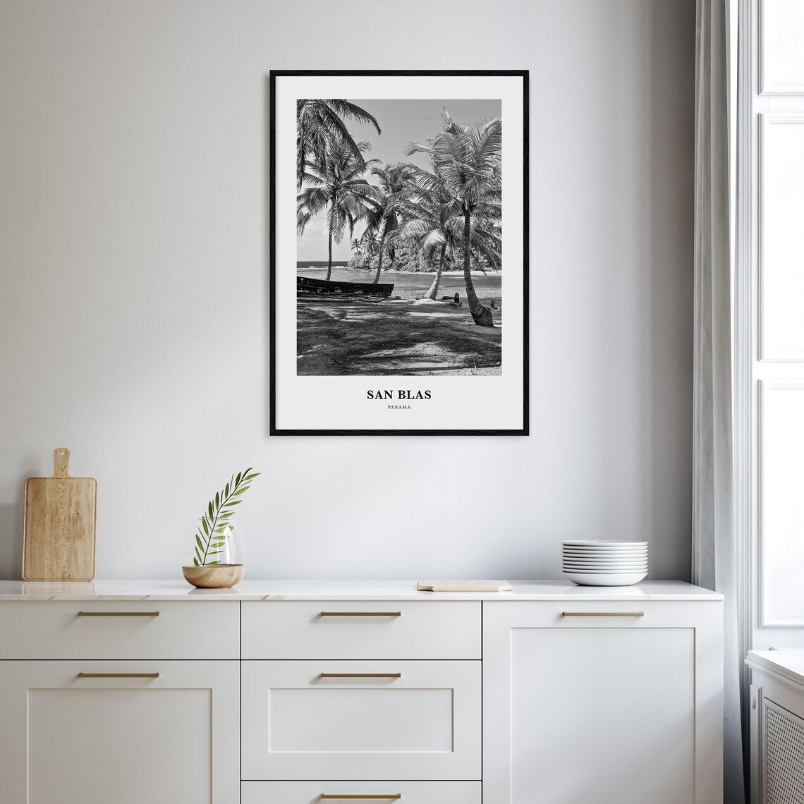 San Blas Panama Palm Trees Beach Boat Black and White Photo Poster - Image 2
