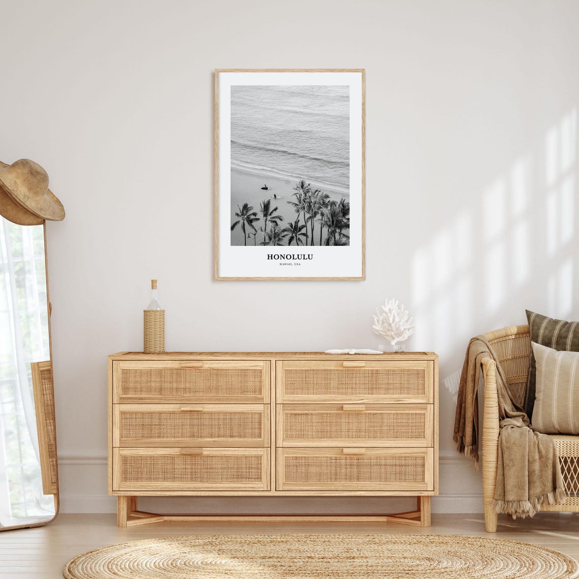 Honolulu Hawaii Palm Beach Surfers Aerial Black and White Poster - Image 3