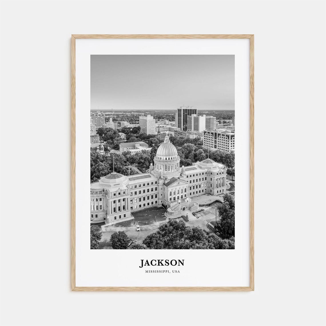Jackson Mississippi Aerial Black and White Capitol Dome Poster