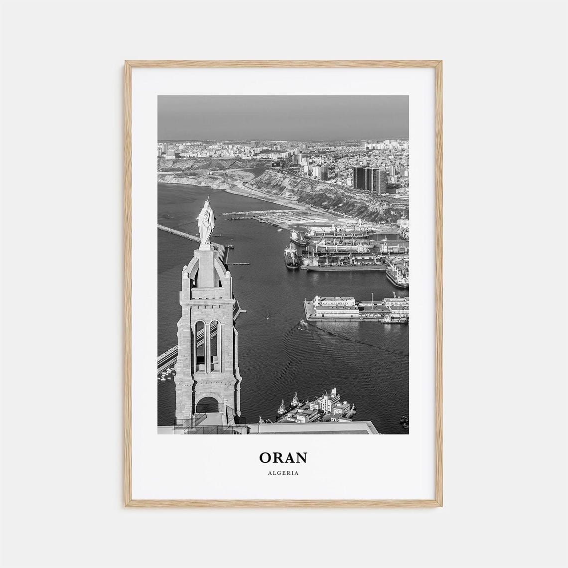 Oran Algeria Harbor Basilica Statue Black White Coastal Travel Poster