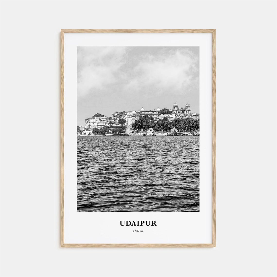 Udaipur India Lakeside Palace Skyline Black and White Poster