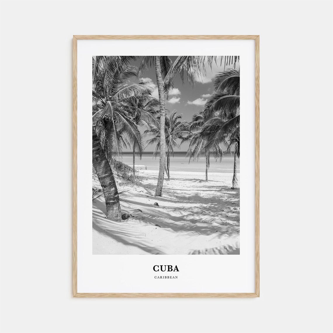 Cuba Caribbean Leaning Palms Beach Black and White Travel Poster