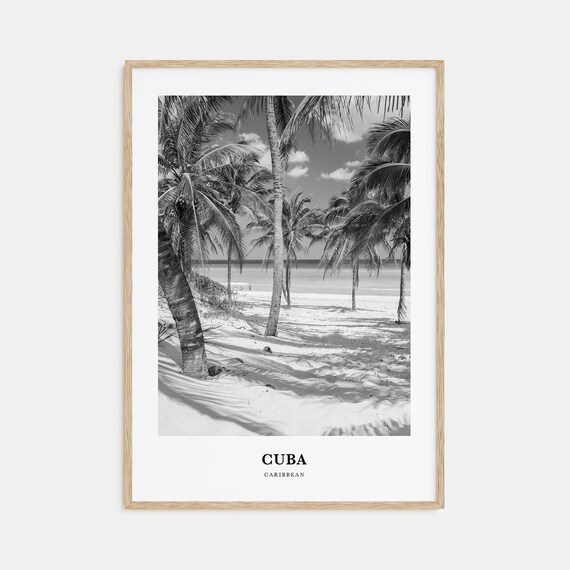 Cuba Caribbean Leaning Palms Beach Black and White Travel Poster