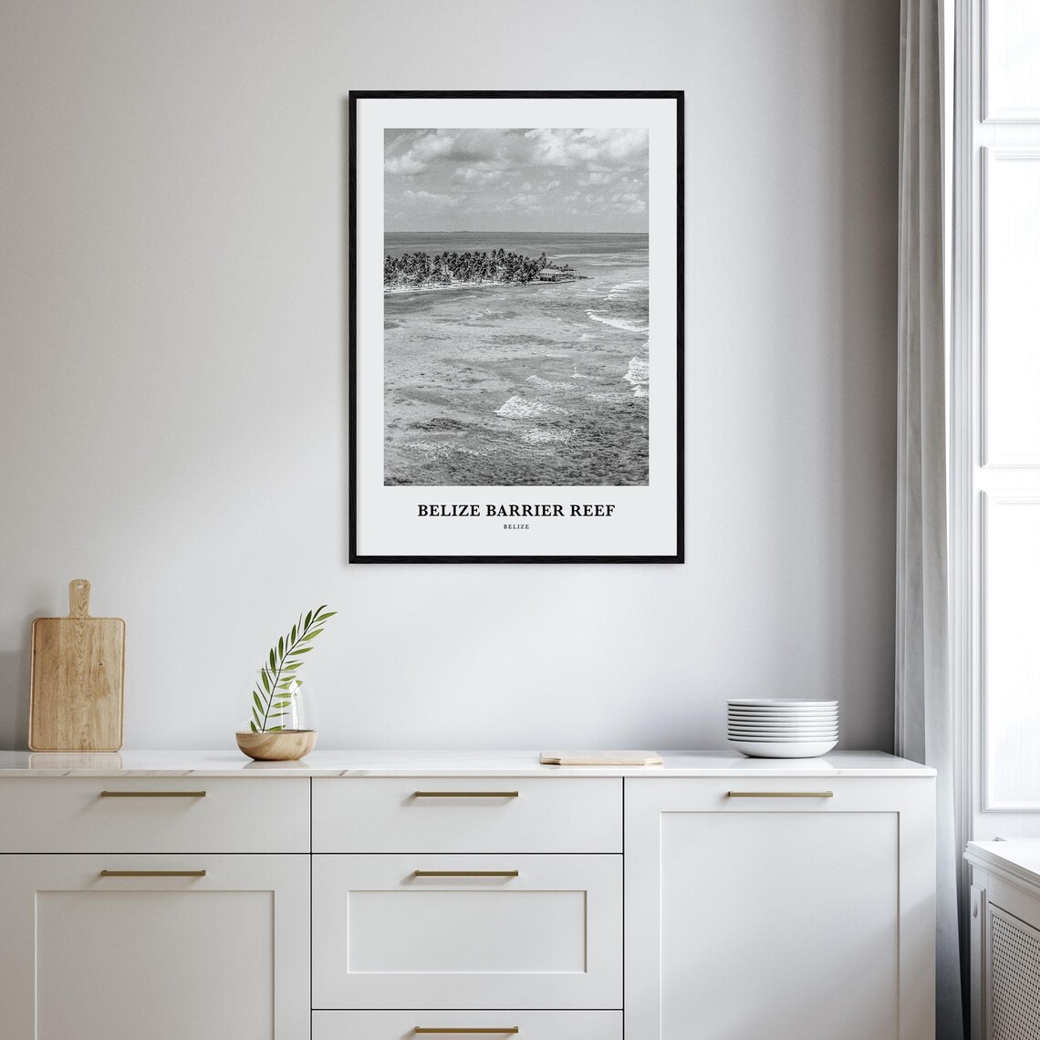 Belize Barrier Reef Aerial Island Palms Ocean Black and White Art Poster - Image 2